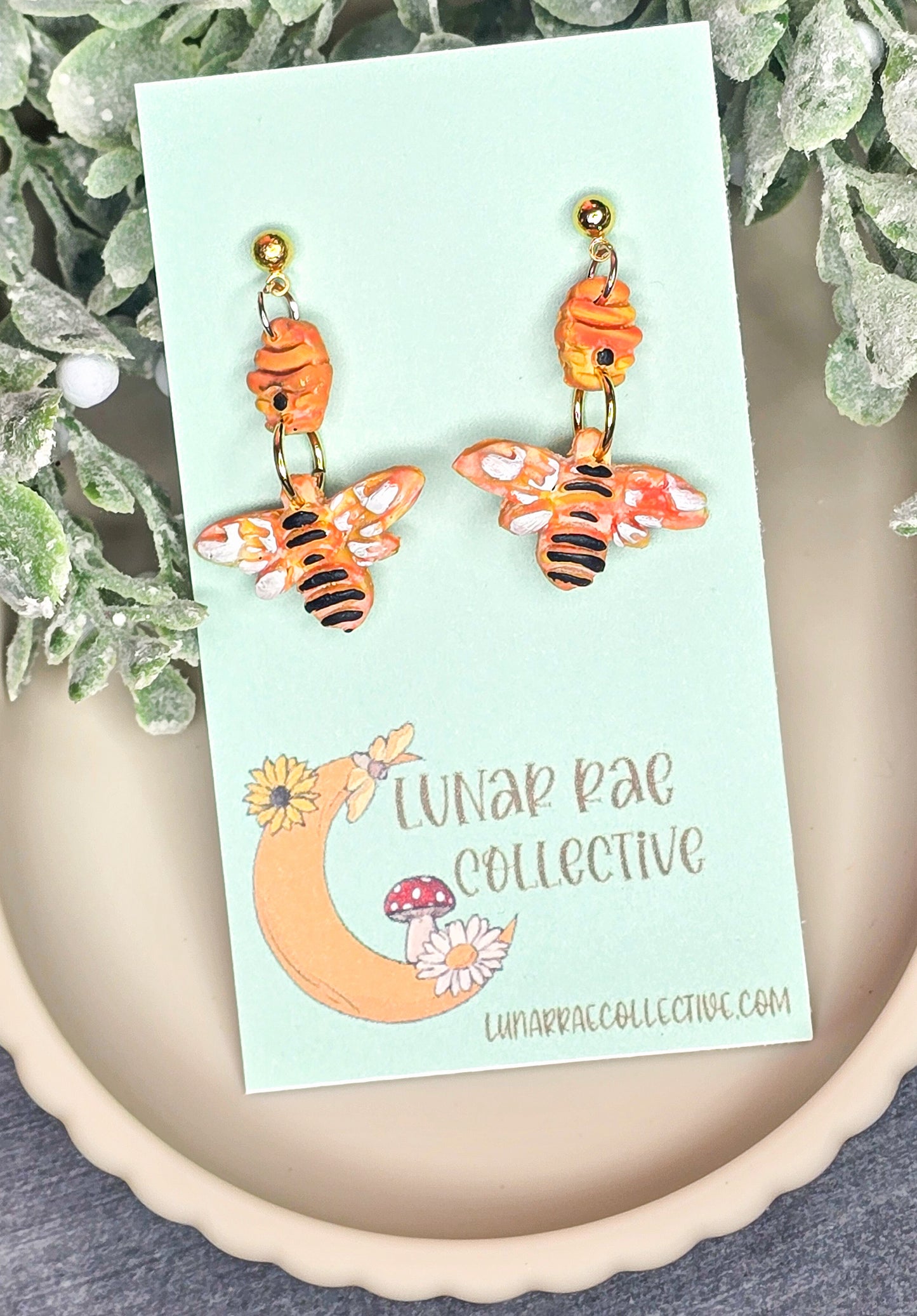 Honey Bee Hive Dangle Polymer Clay Earrings