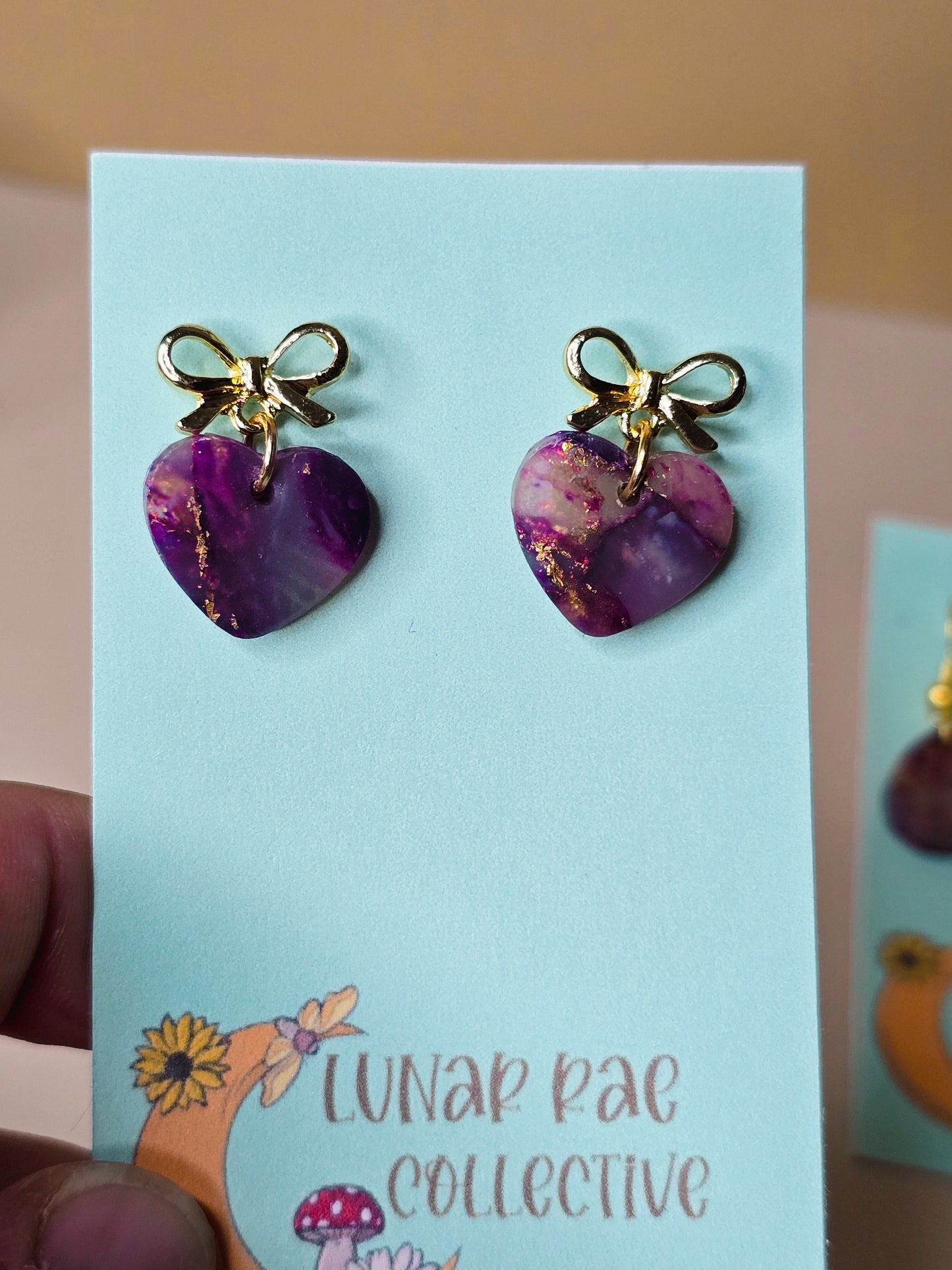 “Amethyst Love” Heart Marbled Dangle Polymer Clay Earrings