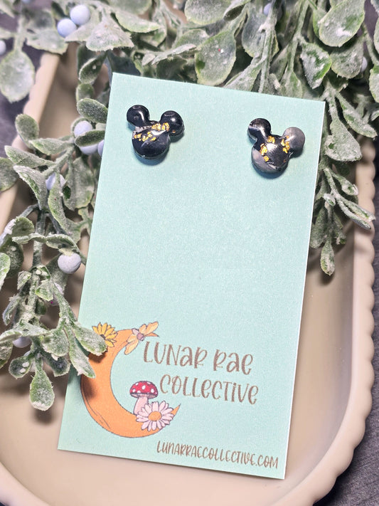 Black White Marbles Micky Head Stud Polymer Clay Earrings