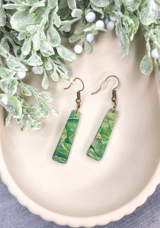 “Enchanted Jade” Marbled Ivy Column Dangle Polymer Clay Earrings