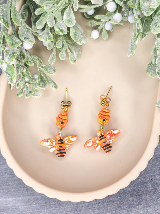 Honey Bee Hive Dangle Polymer Clay Earrings