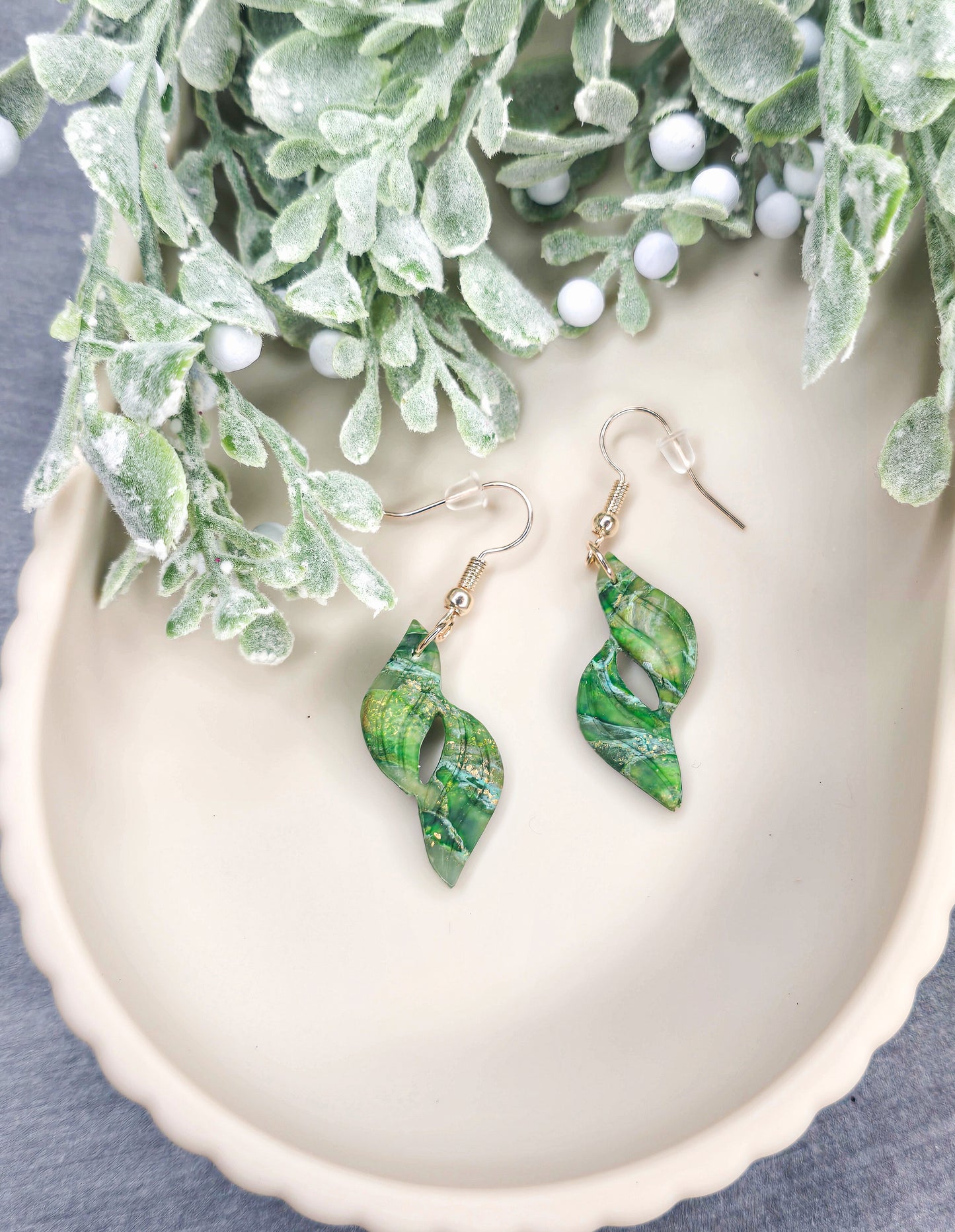 “Enchanted Jade” Marbled Ivy Leaves Dangle Polymer Clay Earrings