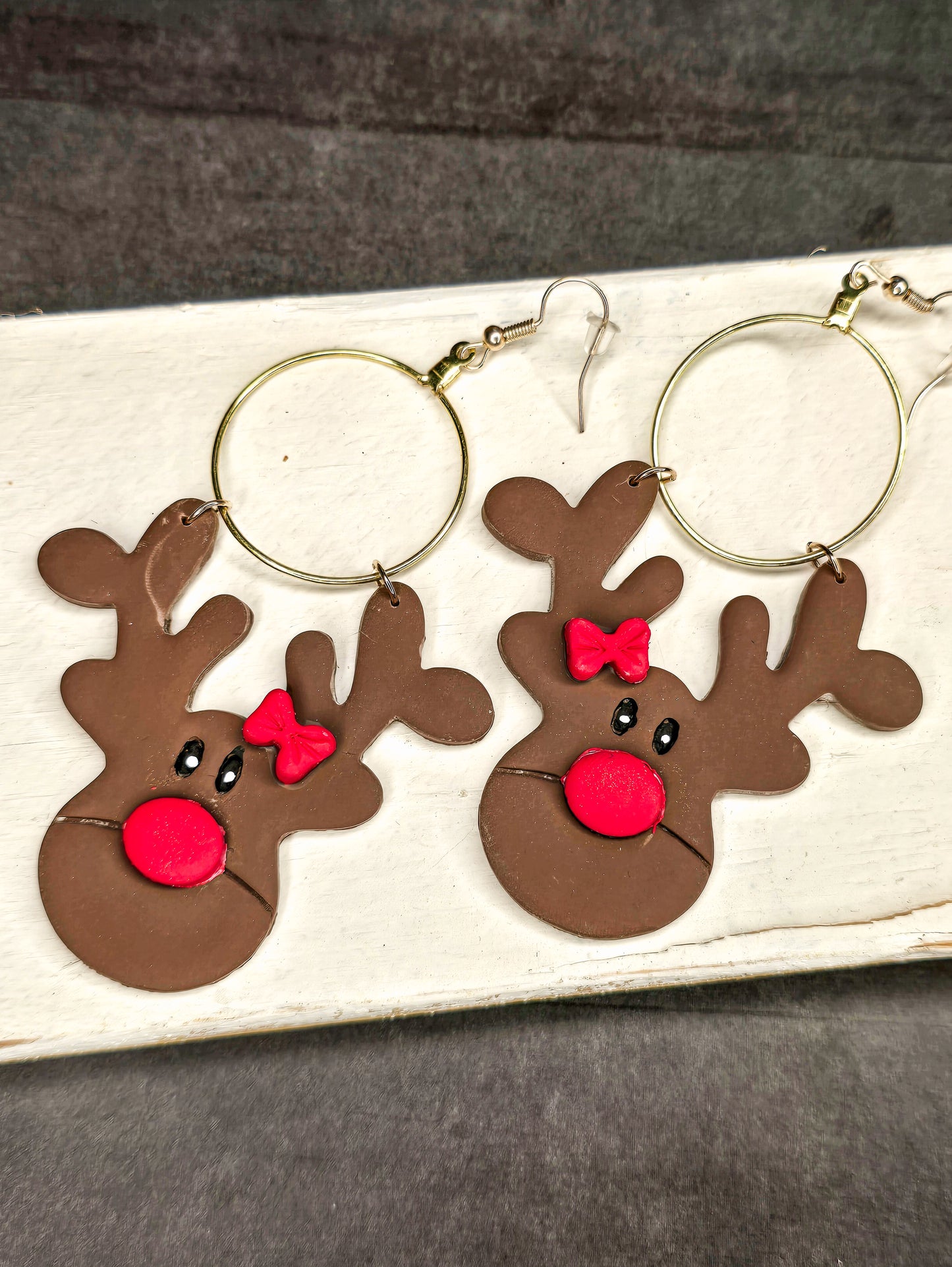 Reindeer Bow- Hoop Dangle Polymer Clay Earrings