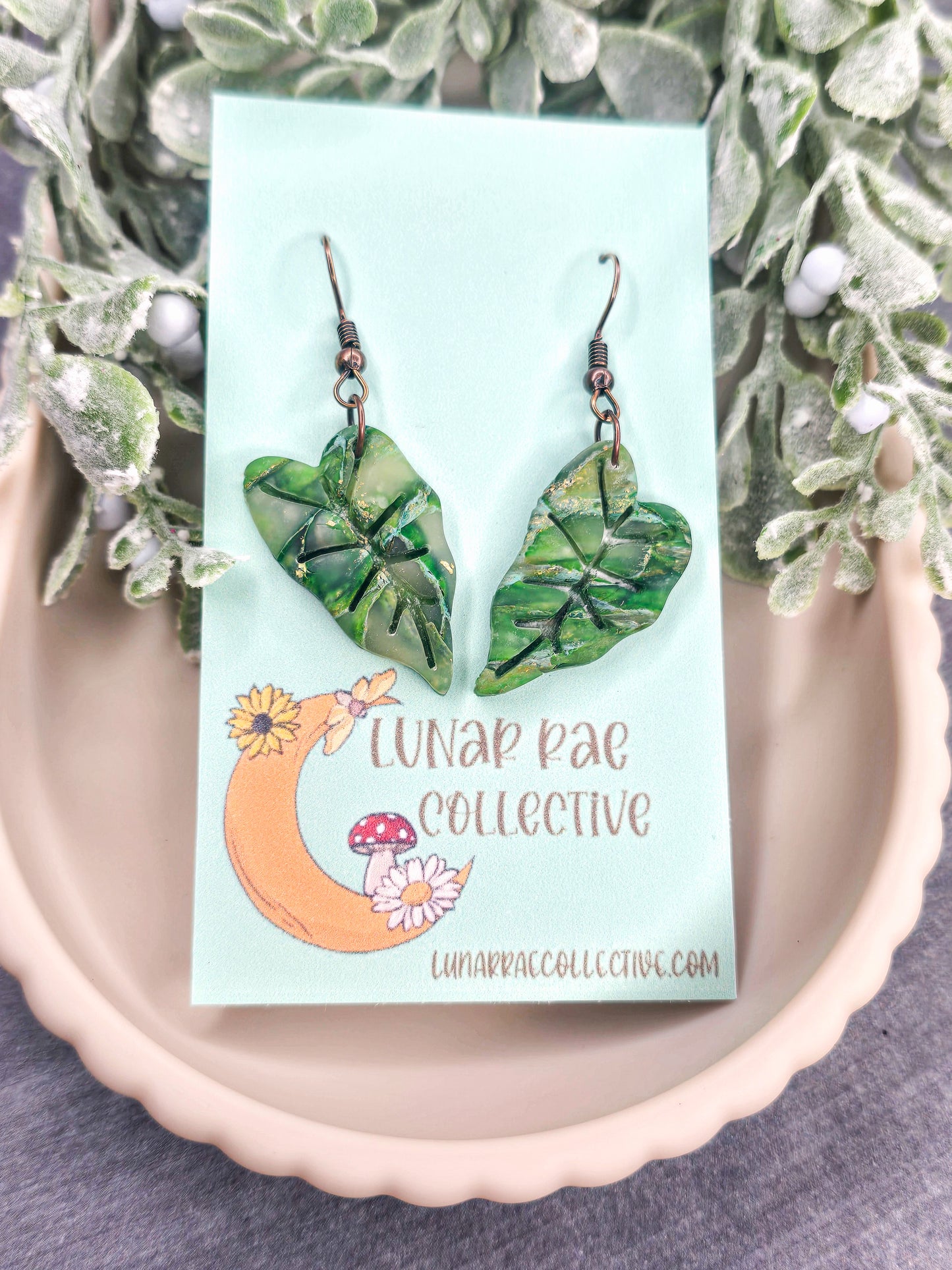 Variegated Alocasia Frydek Leaves Dangle Polymer Clay Earrings