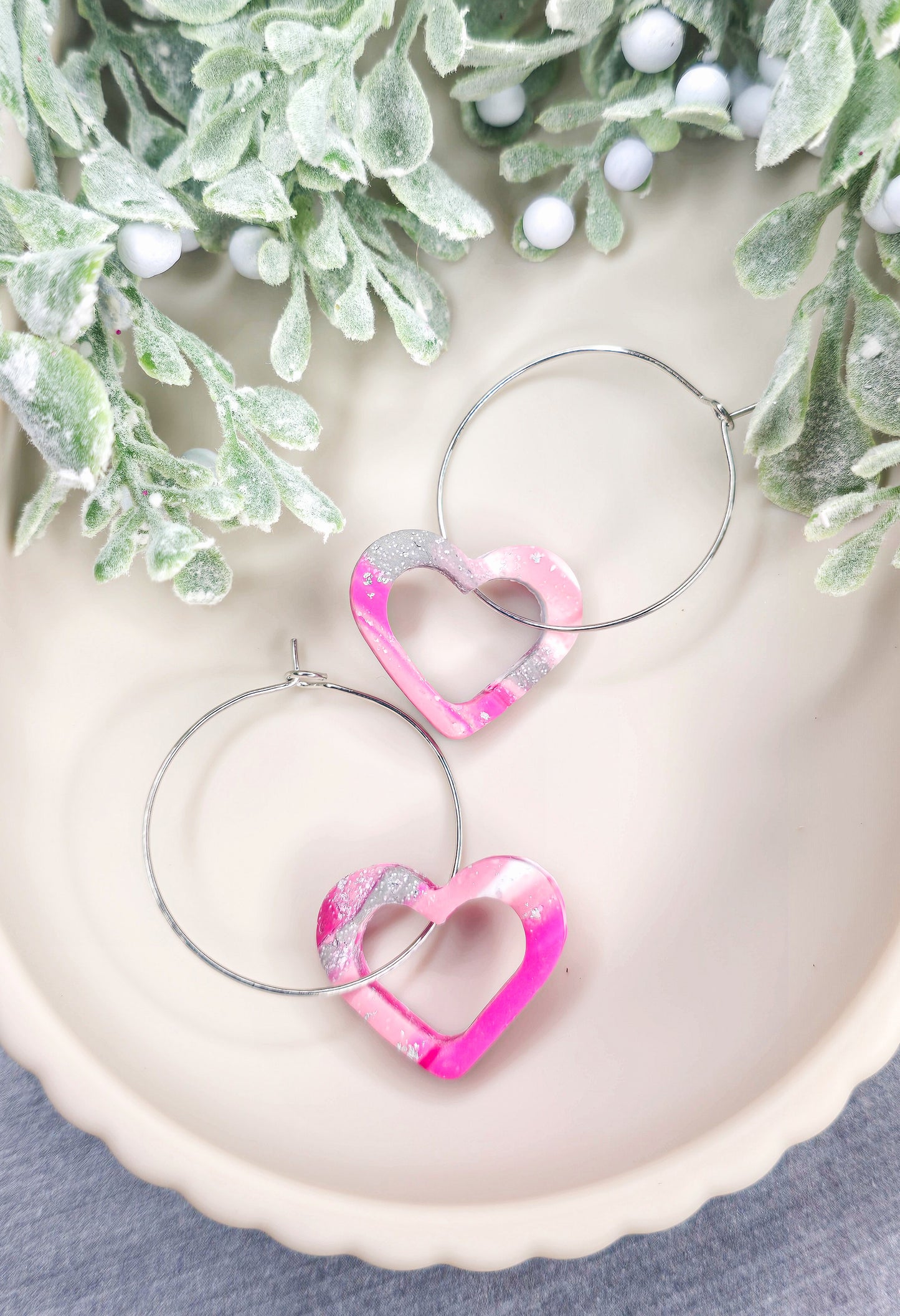 Pink Heart Hoop Dangle Polymer Clay Earrings