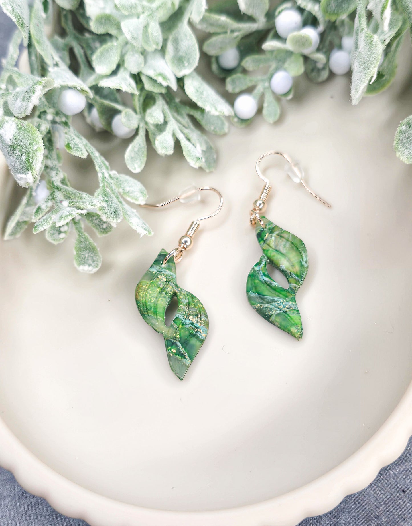 “Enchanted Jade” Marbled Ivy Leaves Dangle Polymer Clay Earrings