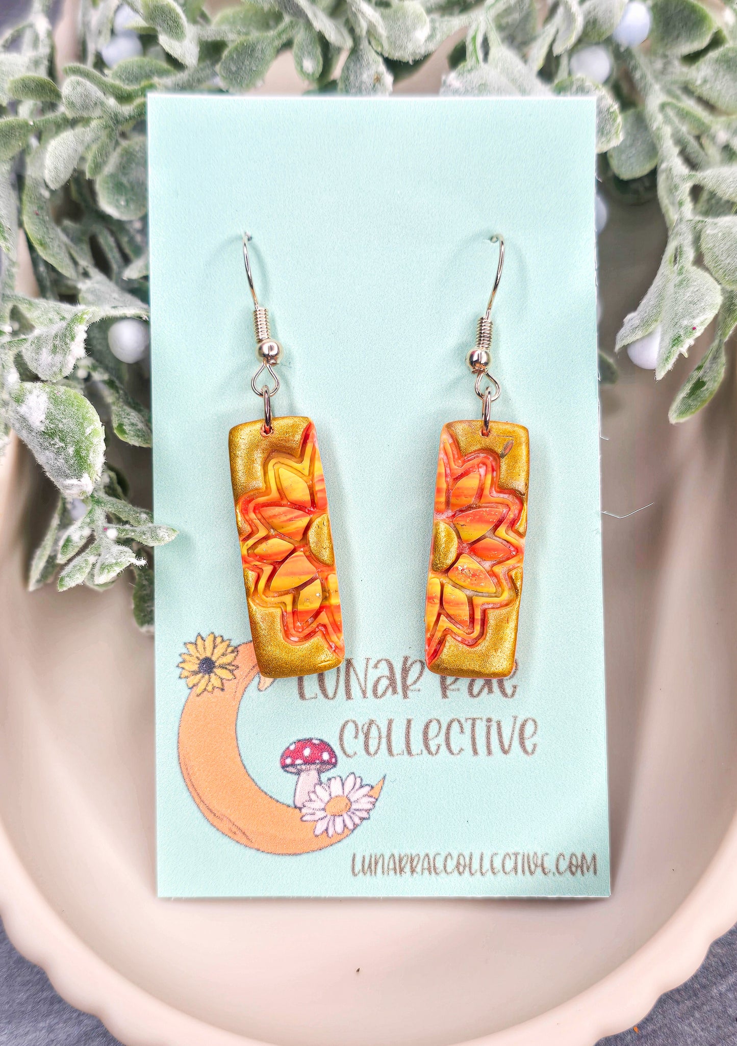 Golden Sunflower Column Dangles Polymer Clay Earrings
