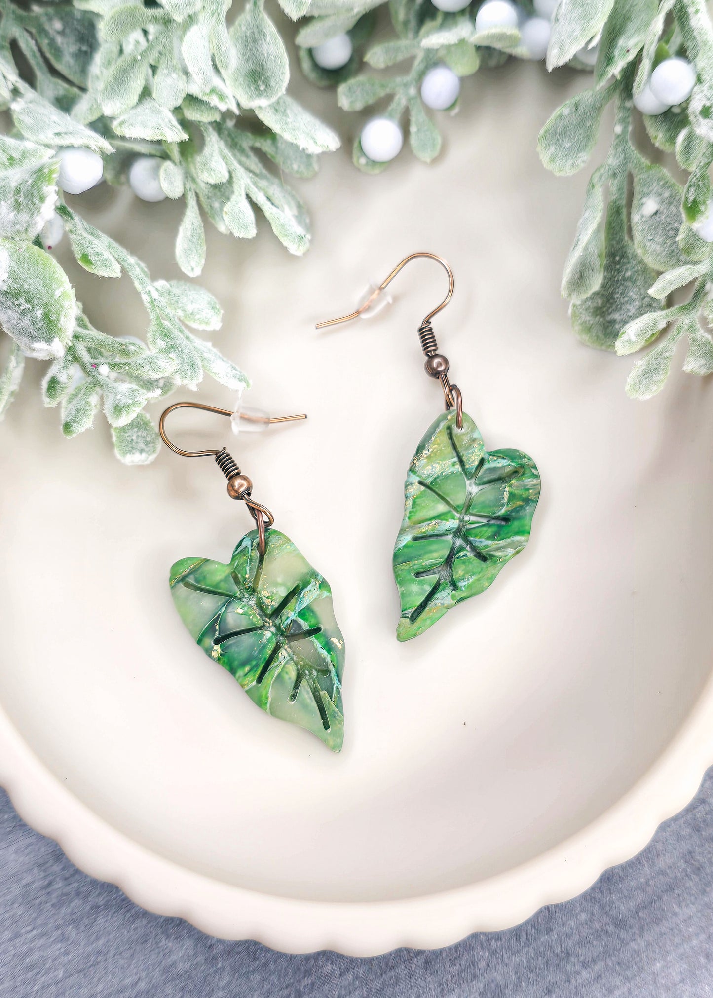 Variegated Alocasia Frydek Leaves Dangle Polymer Clay Earrings