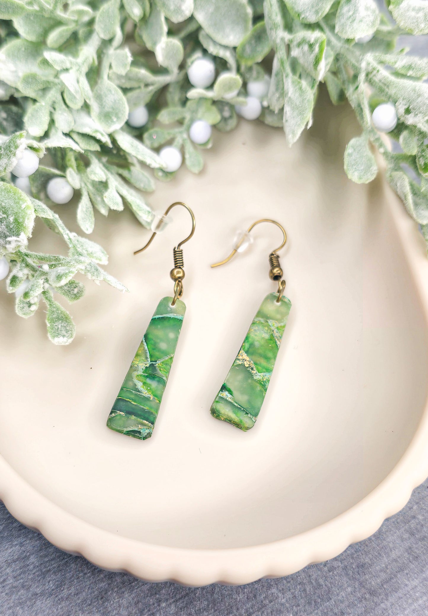 “Enchanted Jade” Marbled Ivy Column Dangle Polymer Clay Earrings