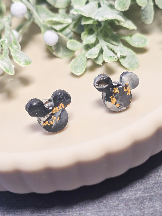 Black White Marbles Micky Head Stud Polymer Clay Earrings