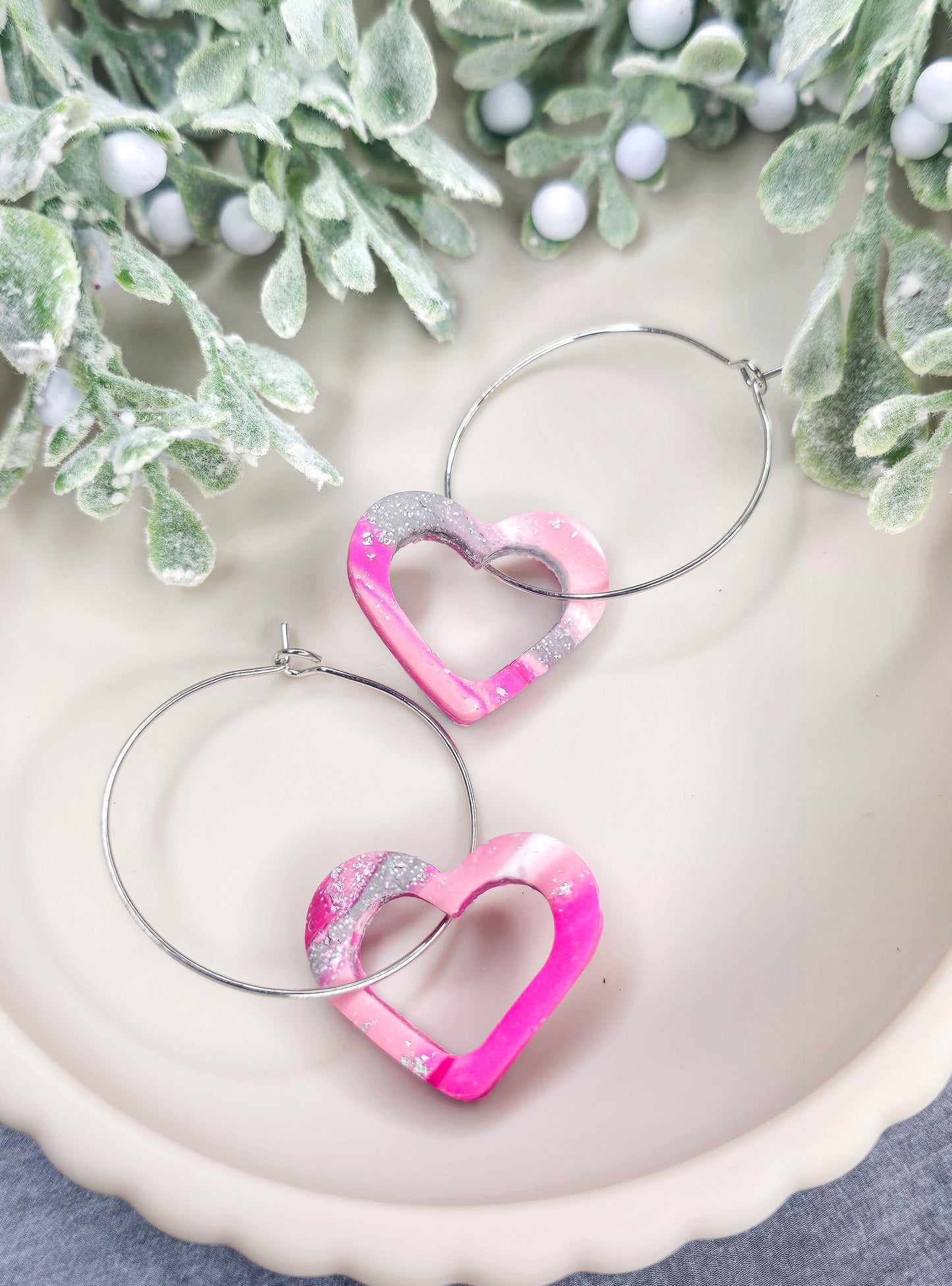 Pink Heart Hoop Dangle Polymer Clay Earrings