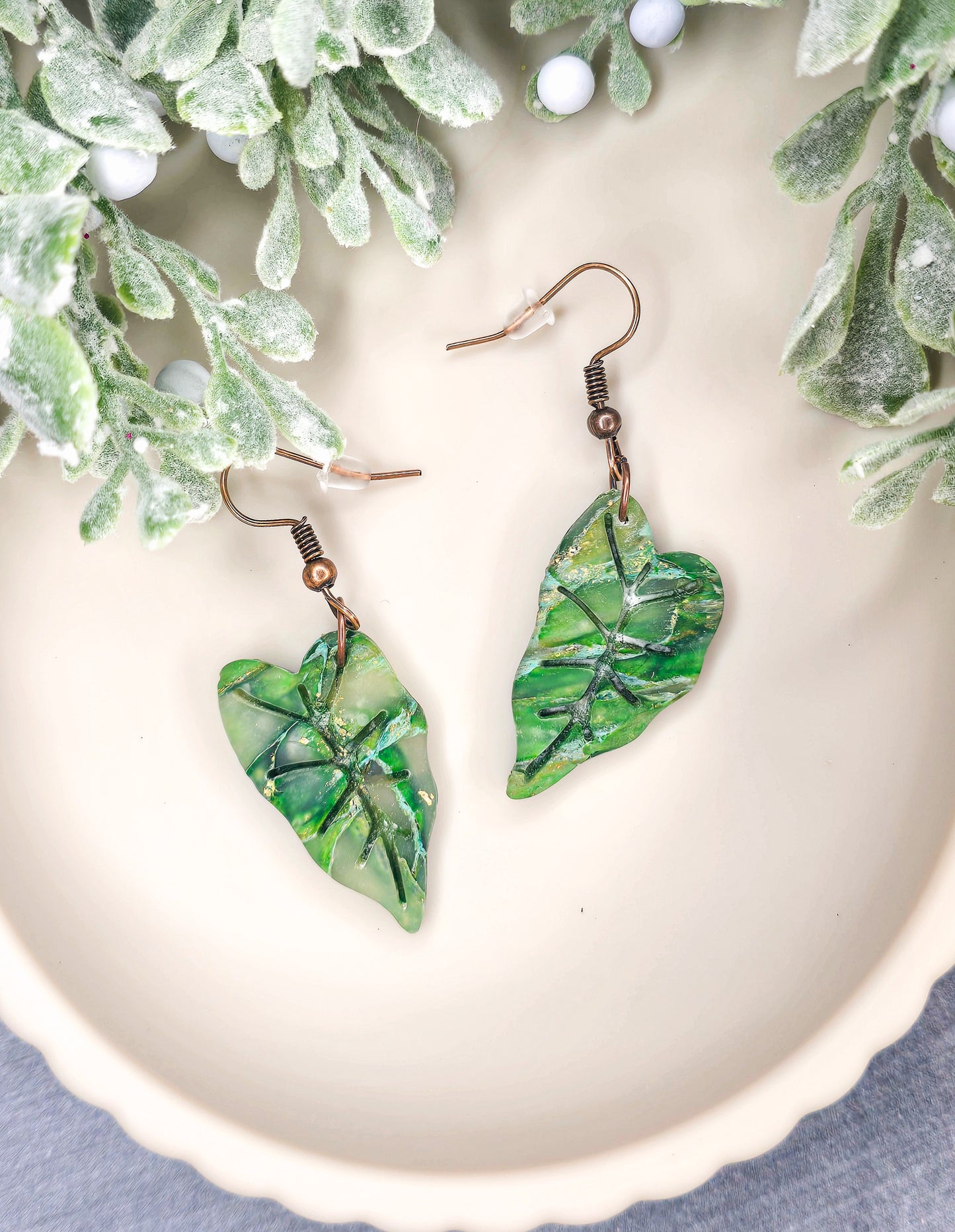 Variegated Alocasia Frydek Leaves Dangle Polymer Clay Earrings