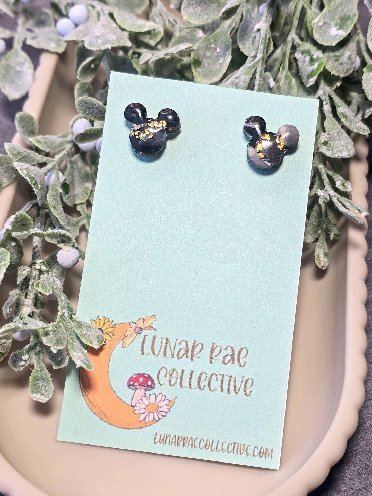 Black White Marbles Micky Head Stud Polymer Clay Earrings