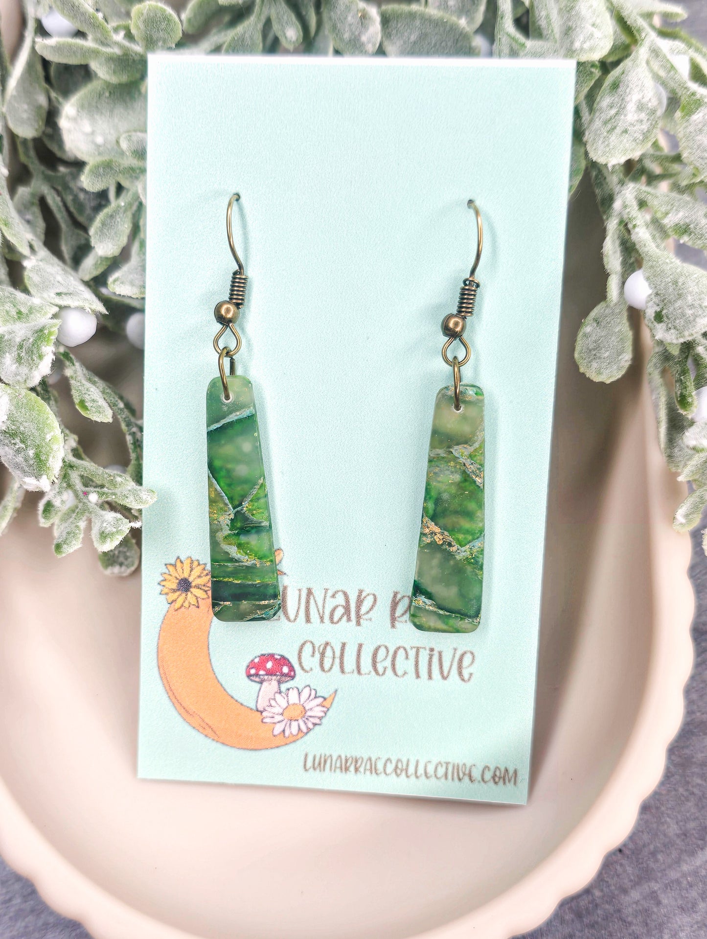 “Enchanted Jade” Marbled Ivy Column Dangle Polymer Clay Earrings