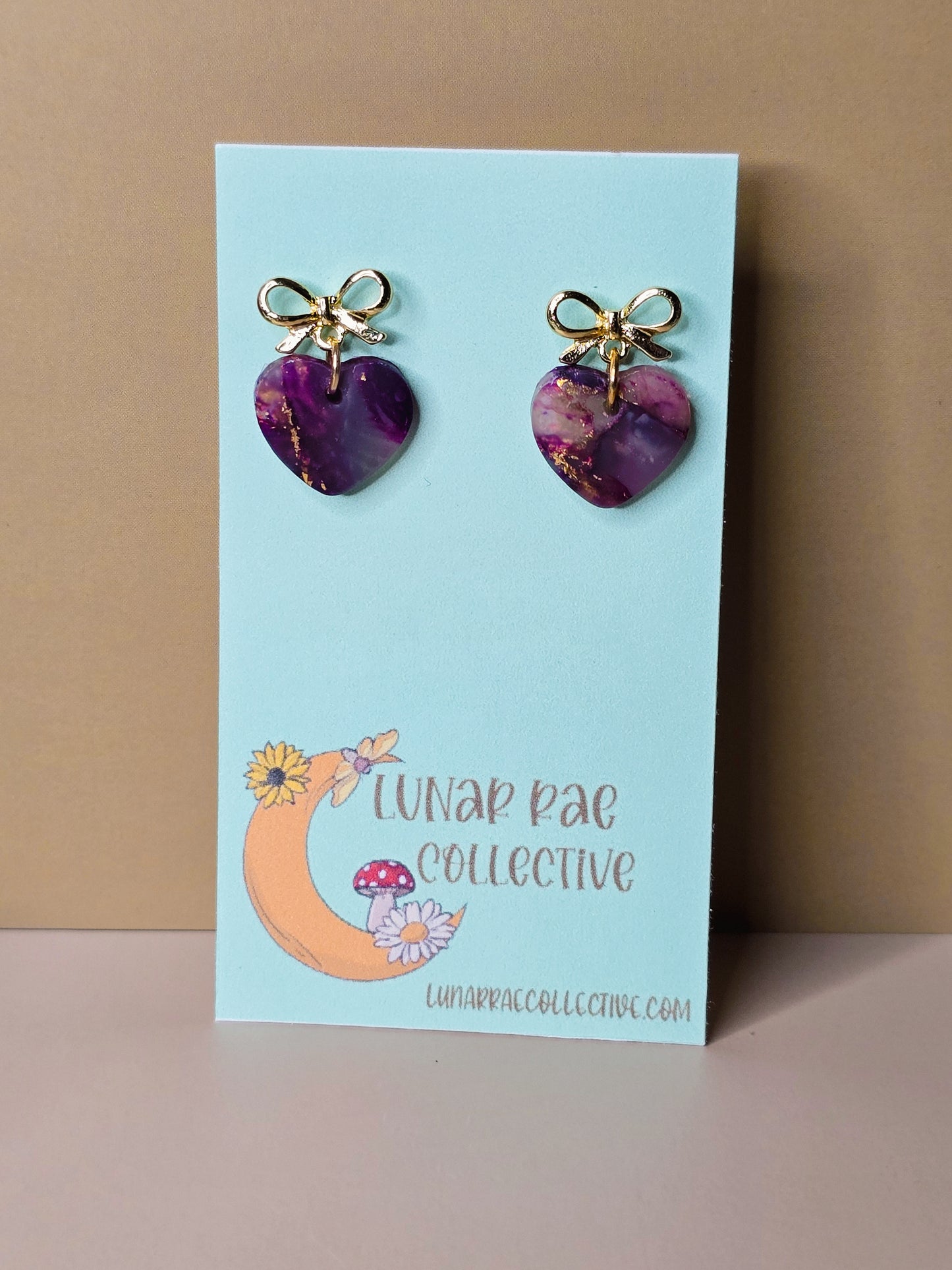 “Amethyst Love” Heart Marbled Dangle Polymer Clay Earrings