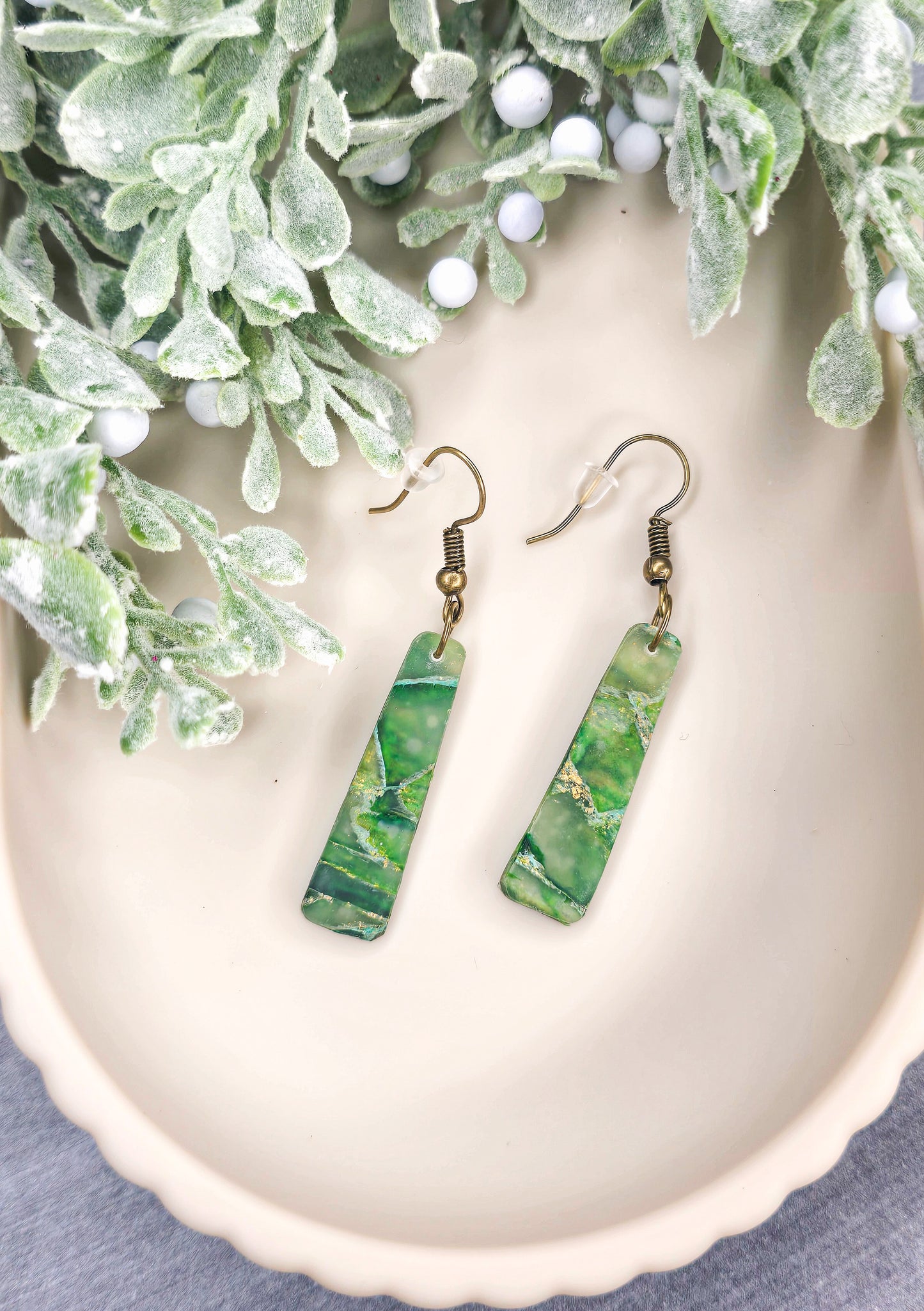 “Enchanted Jade” Marbled Ivy Column Dangle Polymer Clay Earrings