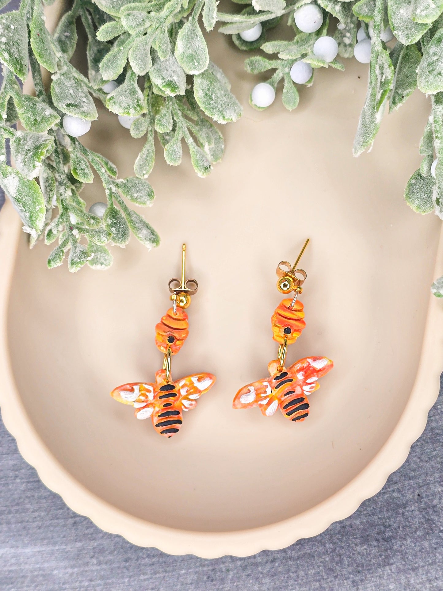 Honey Bee Hive Dangle Polymer Clay Earrings