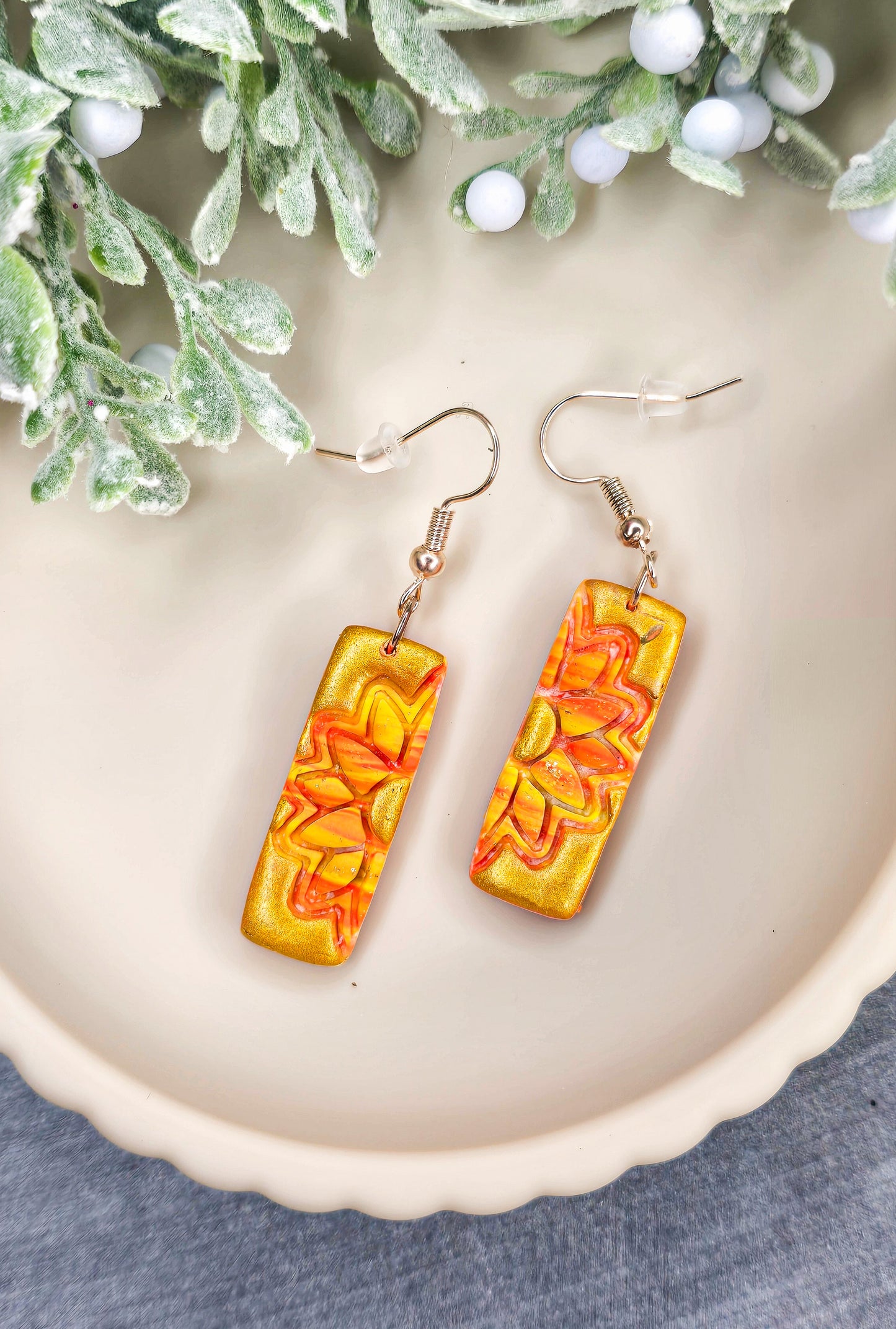Golden Sunflower Column Dangles Polymer Clay Earrings