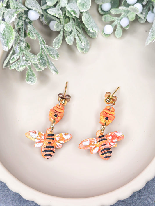 Honey Bee Hive Dangle Polymer Clay Earrings