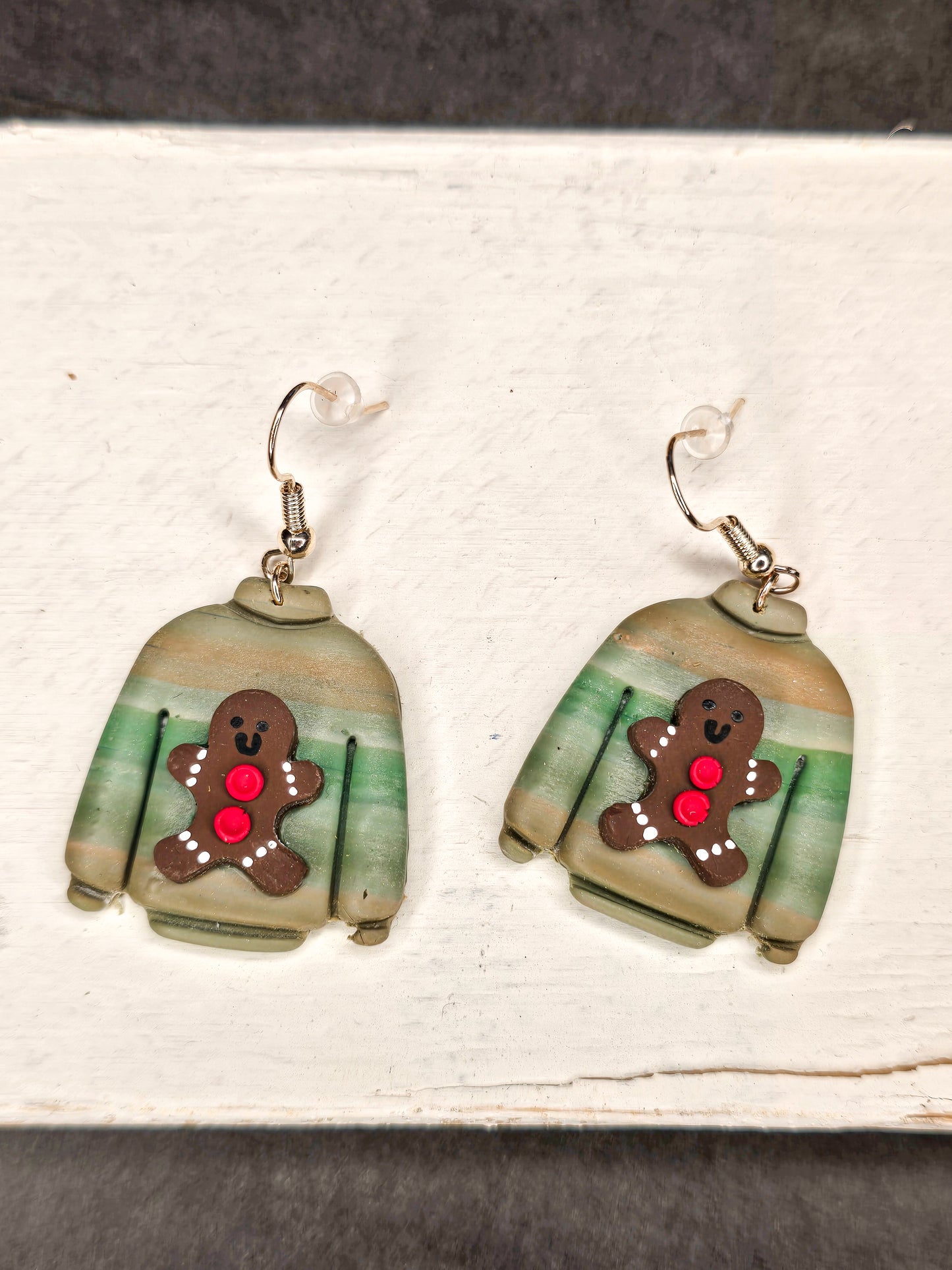 Gingerbread Christmas Sweater Dangle Polymer Clay Earrings