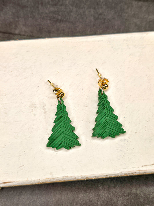 Christmas Tree Gold Stud Dangle Polymer Clay Earrings