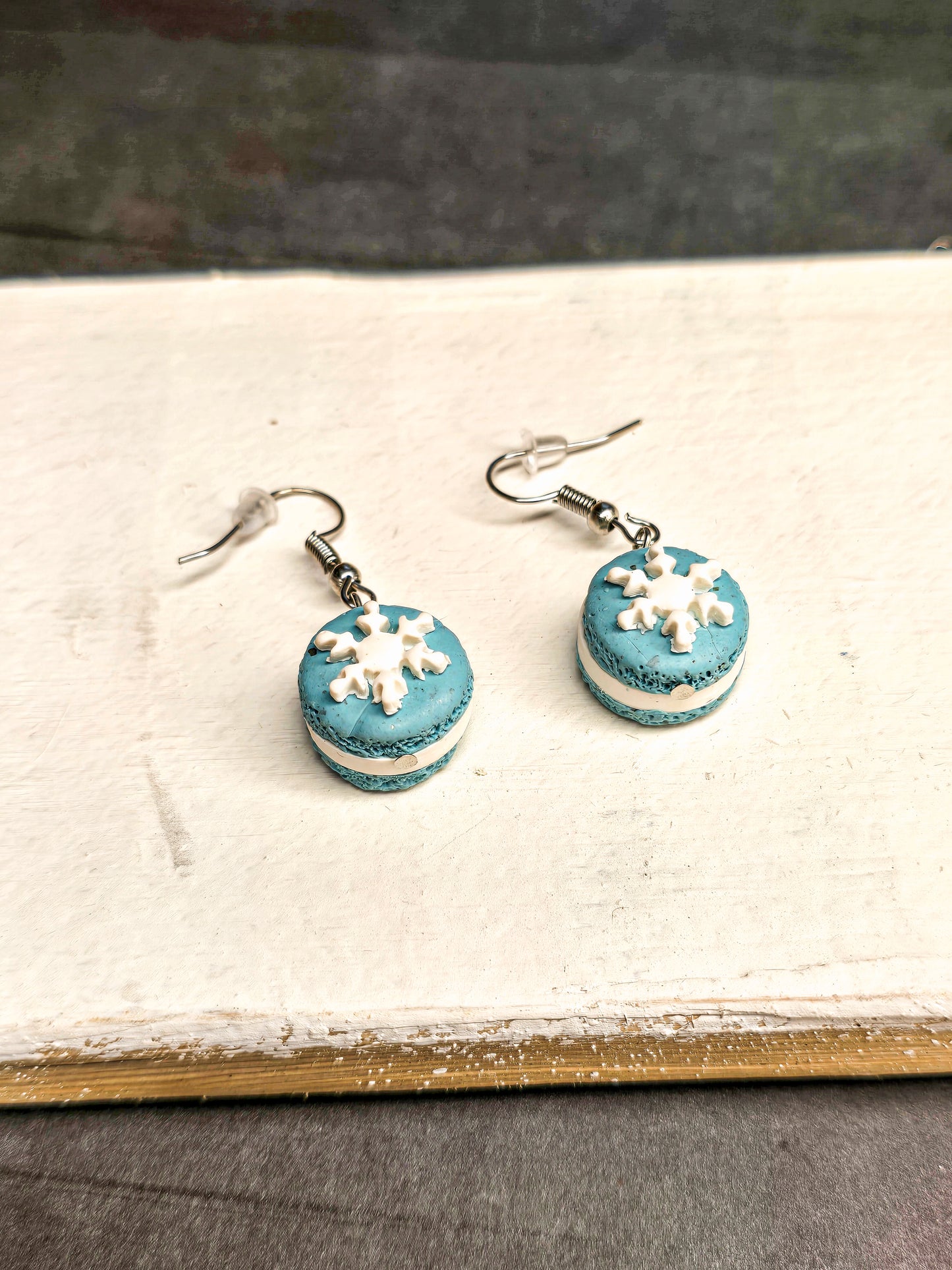 Snowflake Winter Macaron- Dangle Polymer Clay Earrings